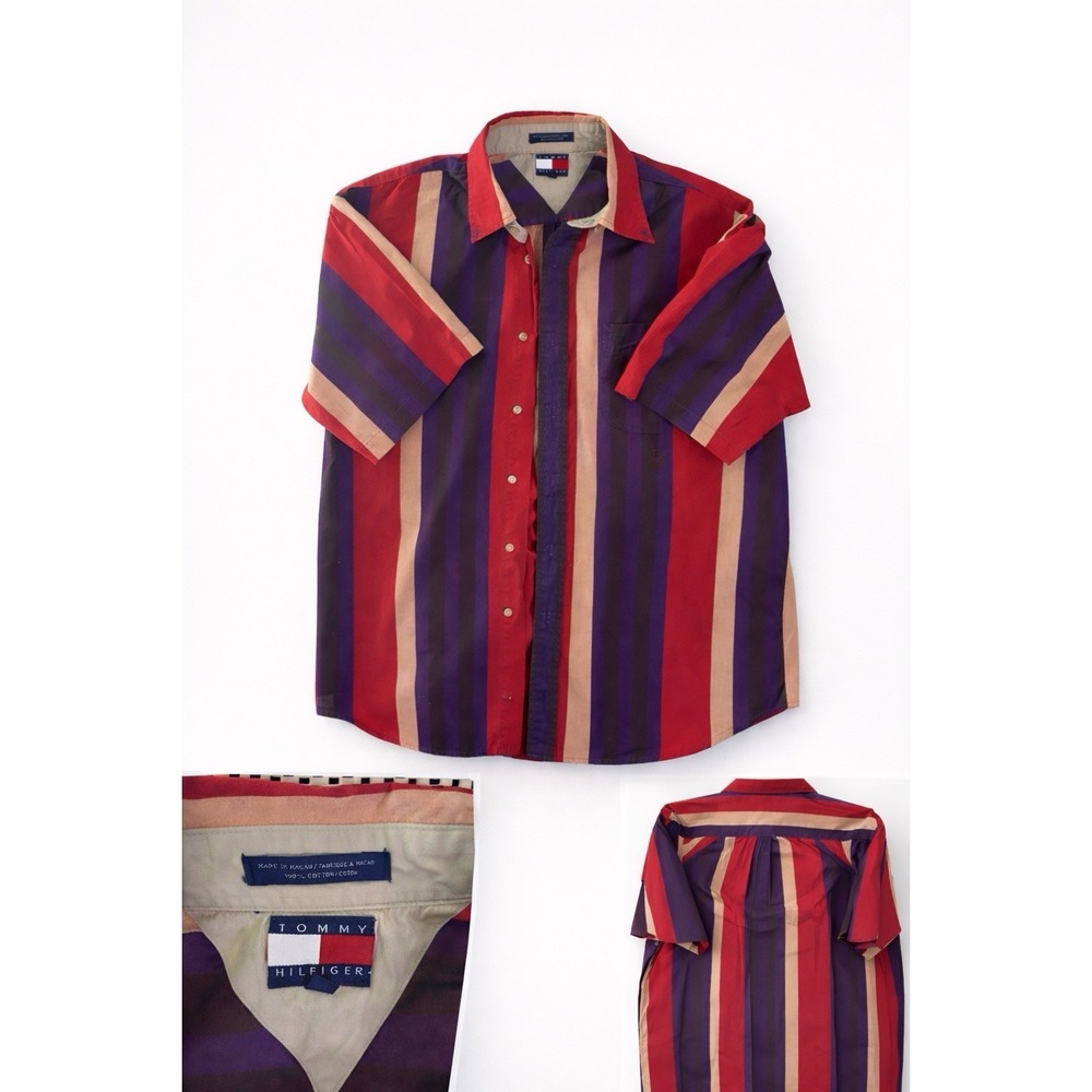 Tommy Hilfiger Button Up Shirt Mens L Striped Vintage 90s Cotton Macau USA Fit
